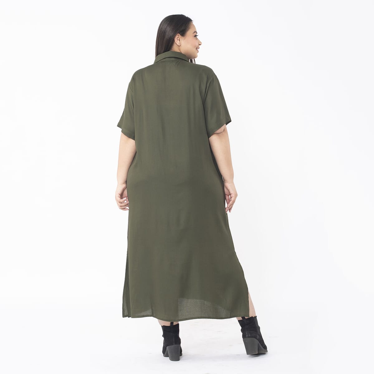 Tamsy Moss Green Collar Dress with 3/4 Sleeve - L/XL image number 1