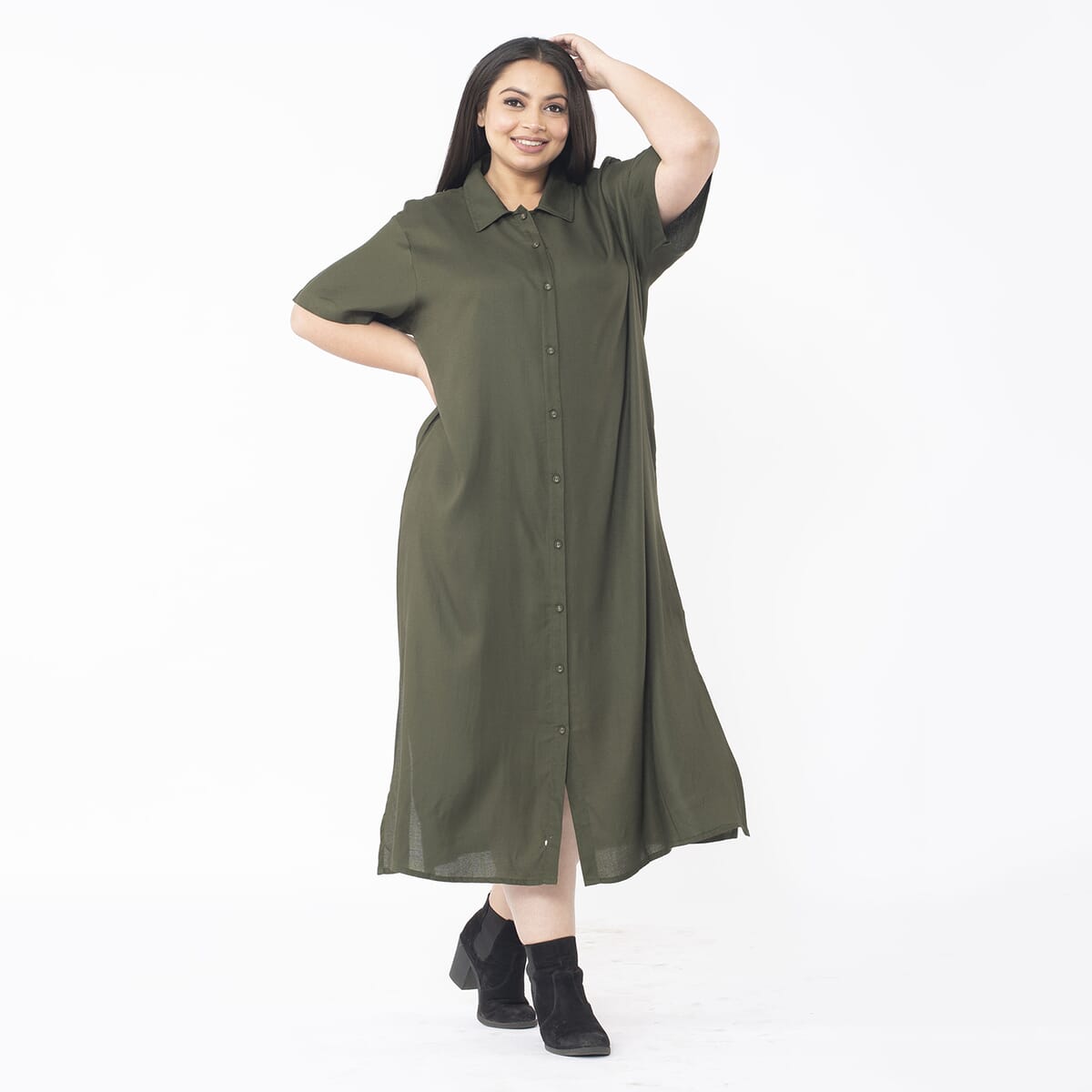 Tamsy Moss Green Collar Dress with 3/4 Sleeve - L/XL image number 2