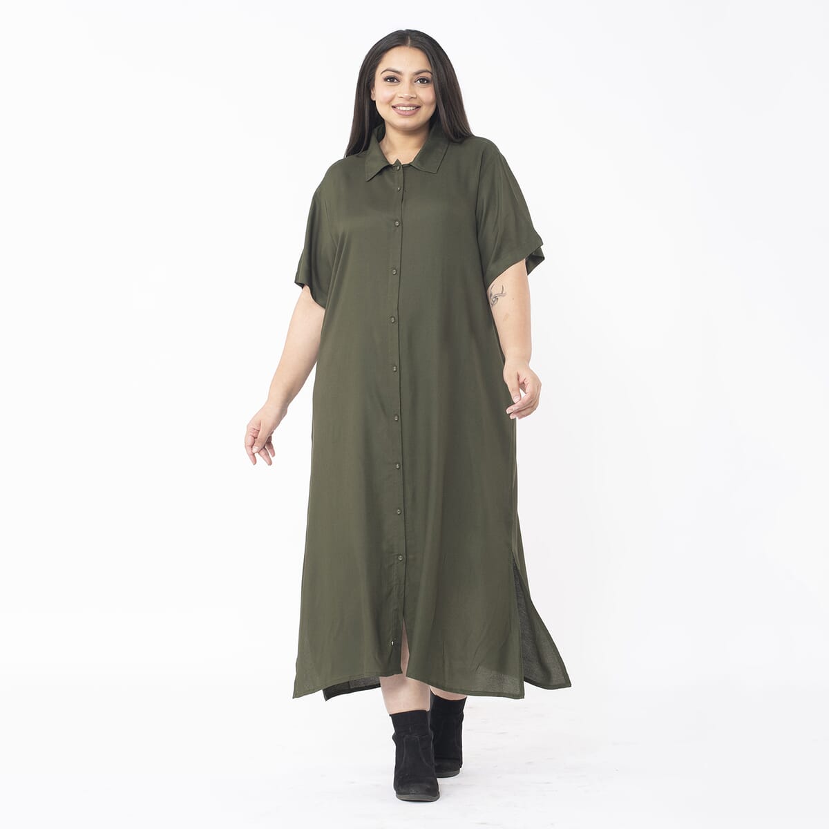 Tamsy Moss Green Collar Dress with 3/4 Sleeve - L/XL image number 3