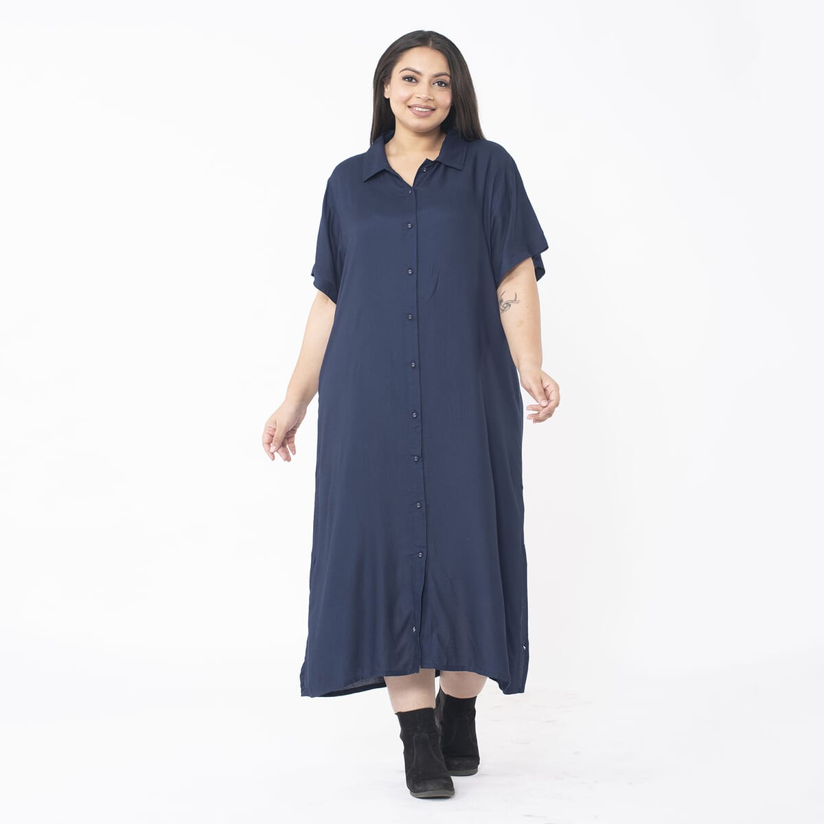 Tamsy Navy Collar Dress with 3/4 Sleeve - L/XL image number 0