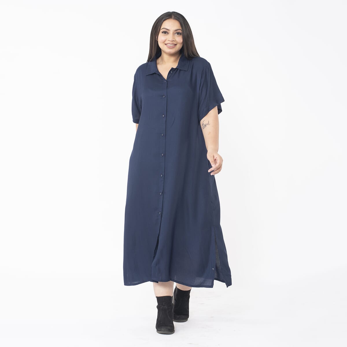 Tamsy Navy Collar Dress with 3/4 Sleeve - L/XL image number 3