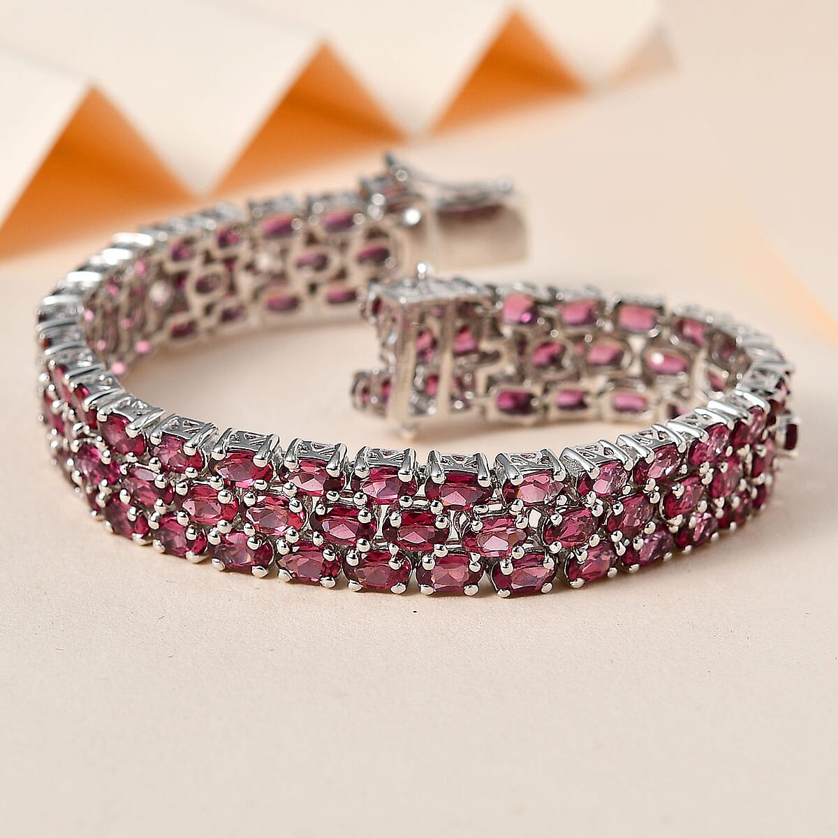 Tanzanian Wine Garnet Three-Row Bracelet in Platinum Over Sterling Silver (6.50 In) (Del. in 10-12 Days) 27.75 ctw image number 1