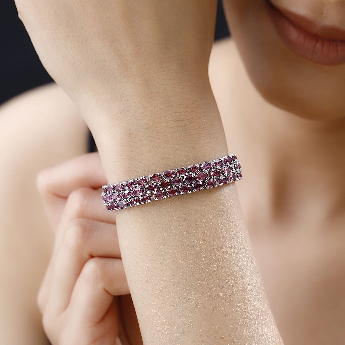 Tanzanian Wine Garnet Three-Row Bracelet in Platinum Over Sterling Silver (6.50 In) (Del. in 10-12 Days) 27.75 ctw image number 2