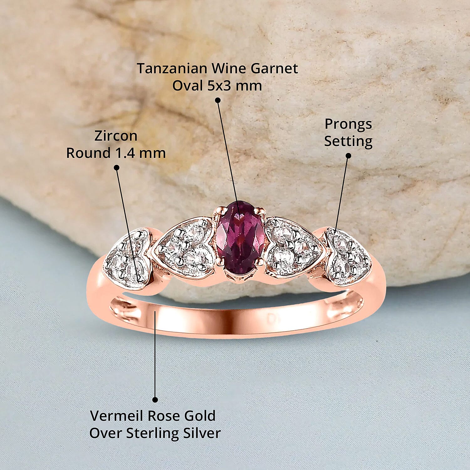 Tanzanian Wine Garnet and White Zircon Ring in Vermeil Rose Gold Over Sterling Silver (Size 10.0) 0.60 ctw