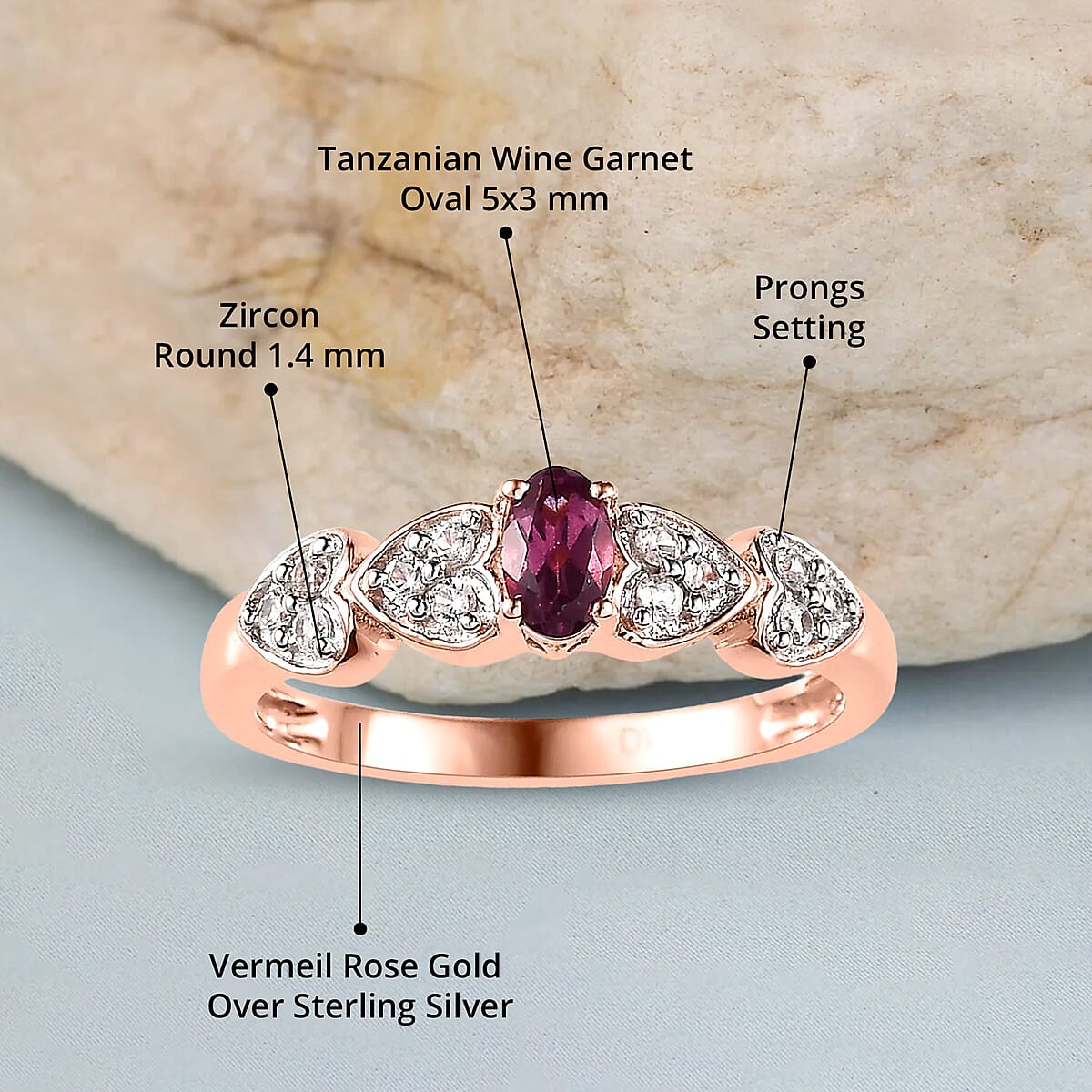 Tanzanian Wine Garnet and White Zircon 0.60 ctw Ring in Vermeil Rose Gold Over Sterling Silver (Size 7.0) image number 4