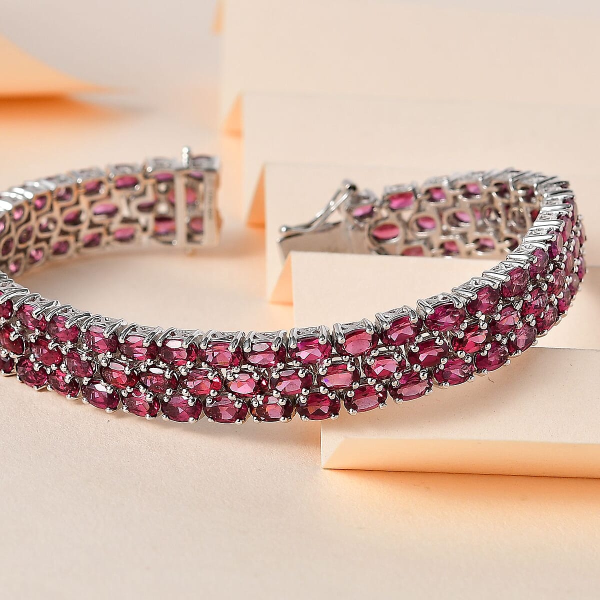 Tanzanian Wine Garnet Three-Row Bracelet in Platinum Over Sterling Silver (7.25 In) 29.40 ctw image number 1
