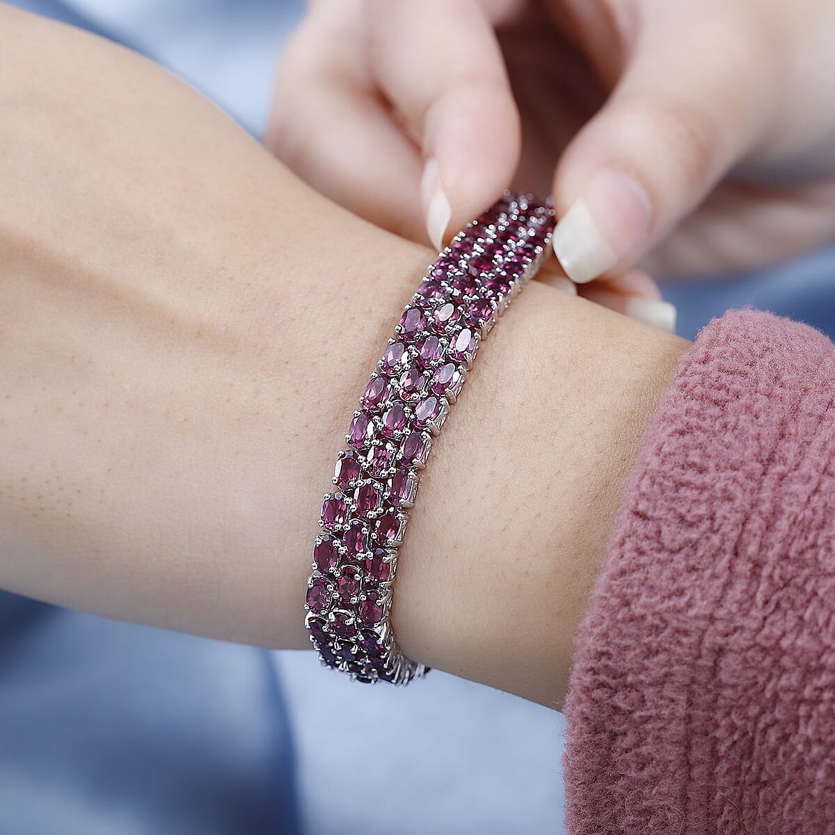 Tanzanian Wine Garnet Three-Row Bracelet in Platinum Over Sterling Silver (7.25 In) 29.40 ctw image number 2