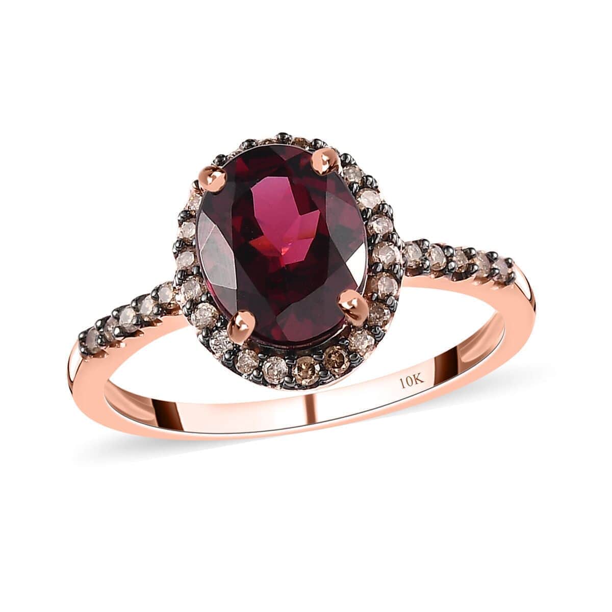 Luxoro 10K Rose Gold Premium Tanzanian Wine Garnet and Natural Champagne Diamond I3 Halo Ring (Size 10.0) 2.50 ctw image number 0