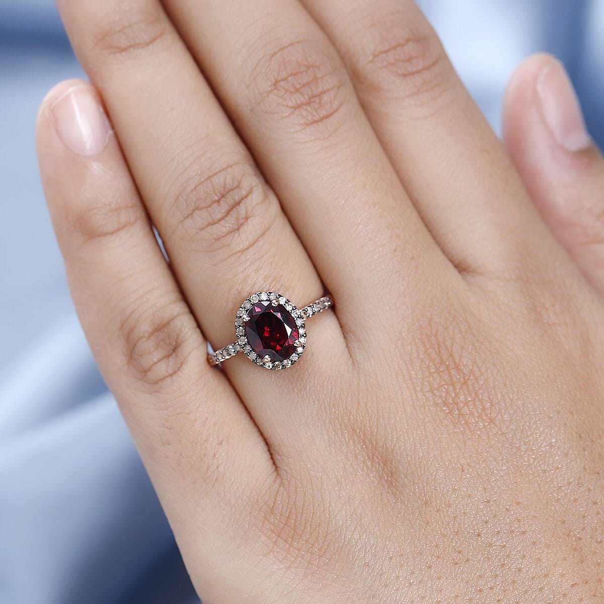 Premium Tanzanian Wine Garnet and I3 Natural Champagne Diamond 2.50 ctw Halo Ring in 10K Rose Gold (Size 8.0) image number 2