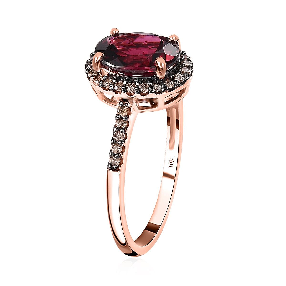 Premium Tanzanian Wine Garnet and I3 Natural Champagne Diamond 2.50 ctw Halo Ring in 10K Rose Gold (Size 8.0) image number 3