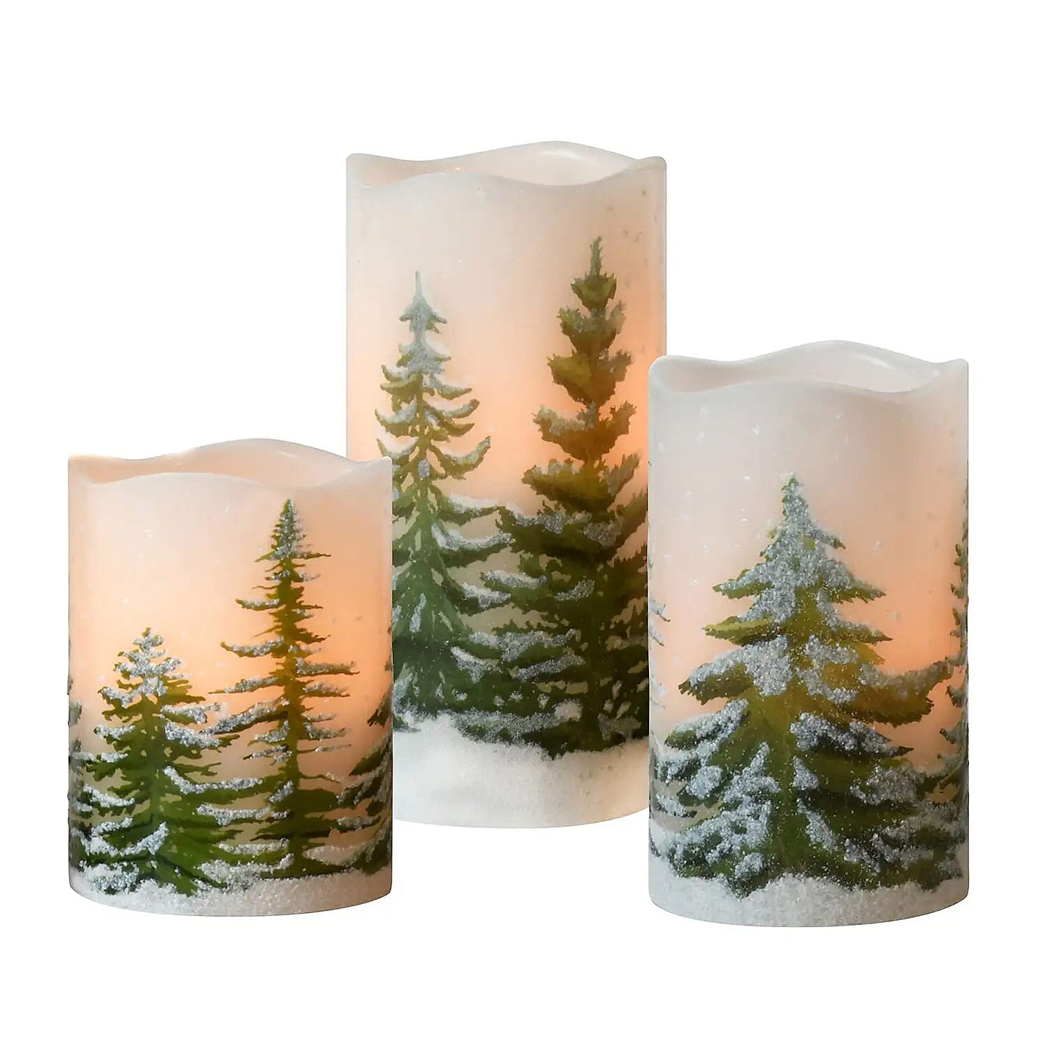 Lumabase Set of 3 Battery Operated Pillar Candles -Snow Covered Pine Trees
