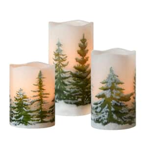 Lumabase Set of 3 Battery Operated Pillar Candles -Snow Covered Pine Trees