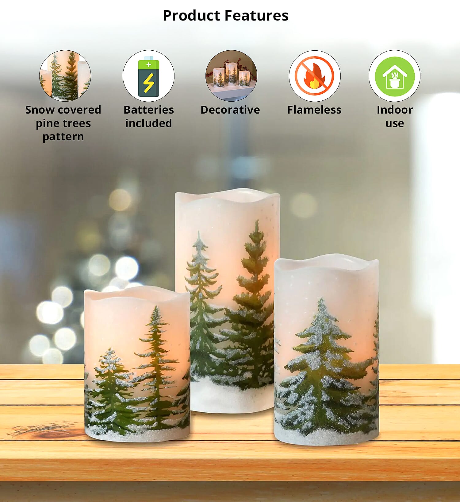 Lumabase Set of 3 Battery Operated Pillar Candles -Snow Covered Pine Trees