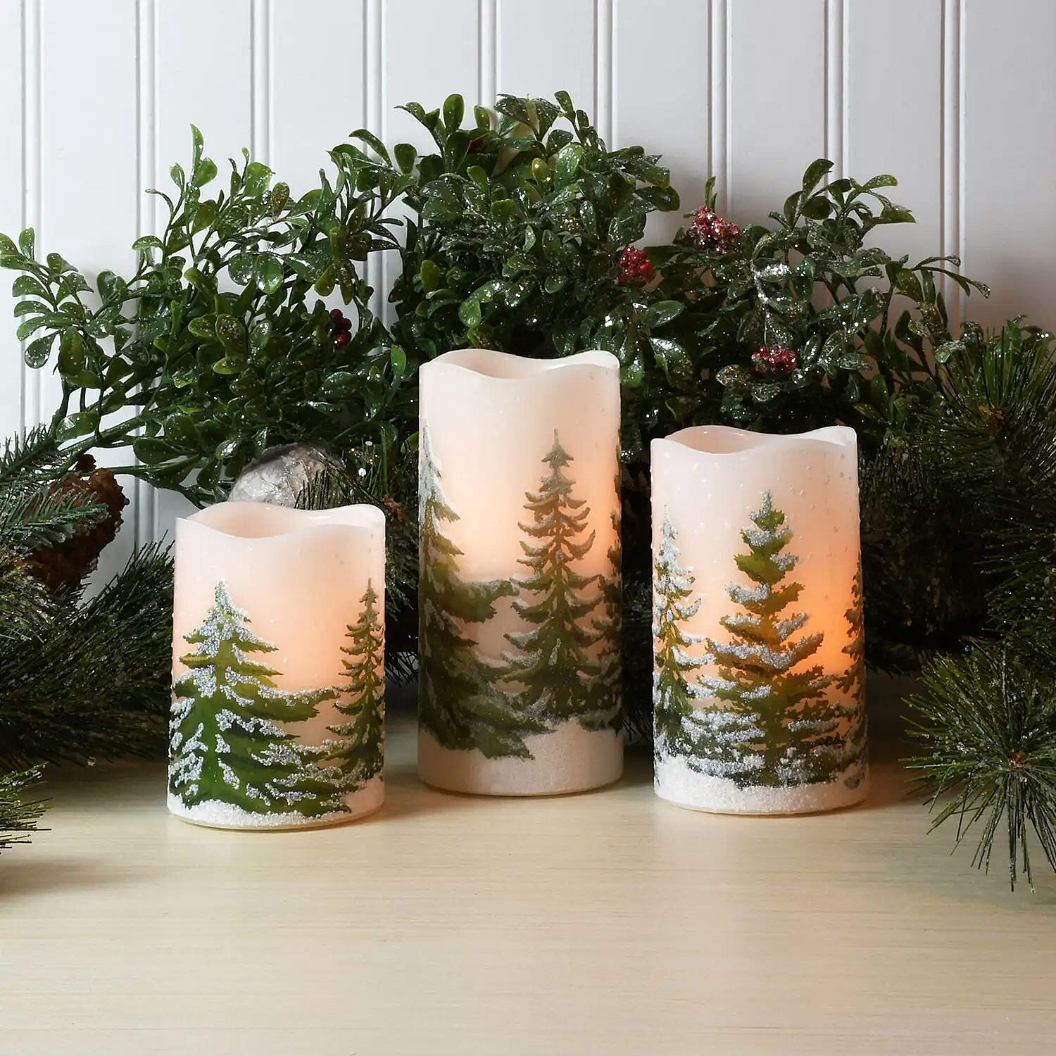 Lumabase Set of 3 Battery Operated Pillar Candles -Snow Covered Pine Trees