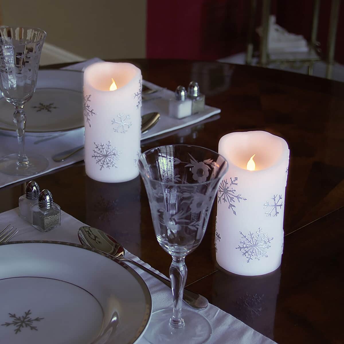 Lumabase Set of 2 Battery Operated Flameless Wax Candles -Snowflakes image number 1