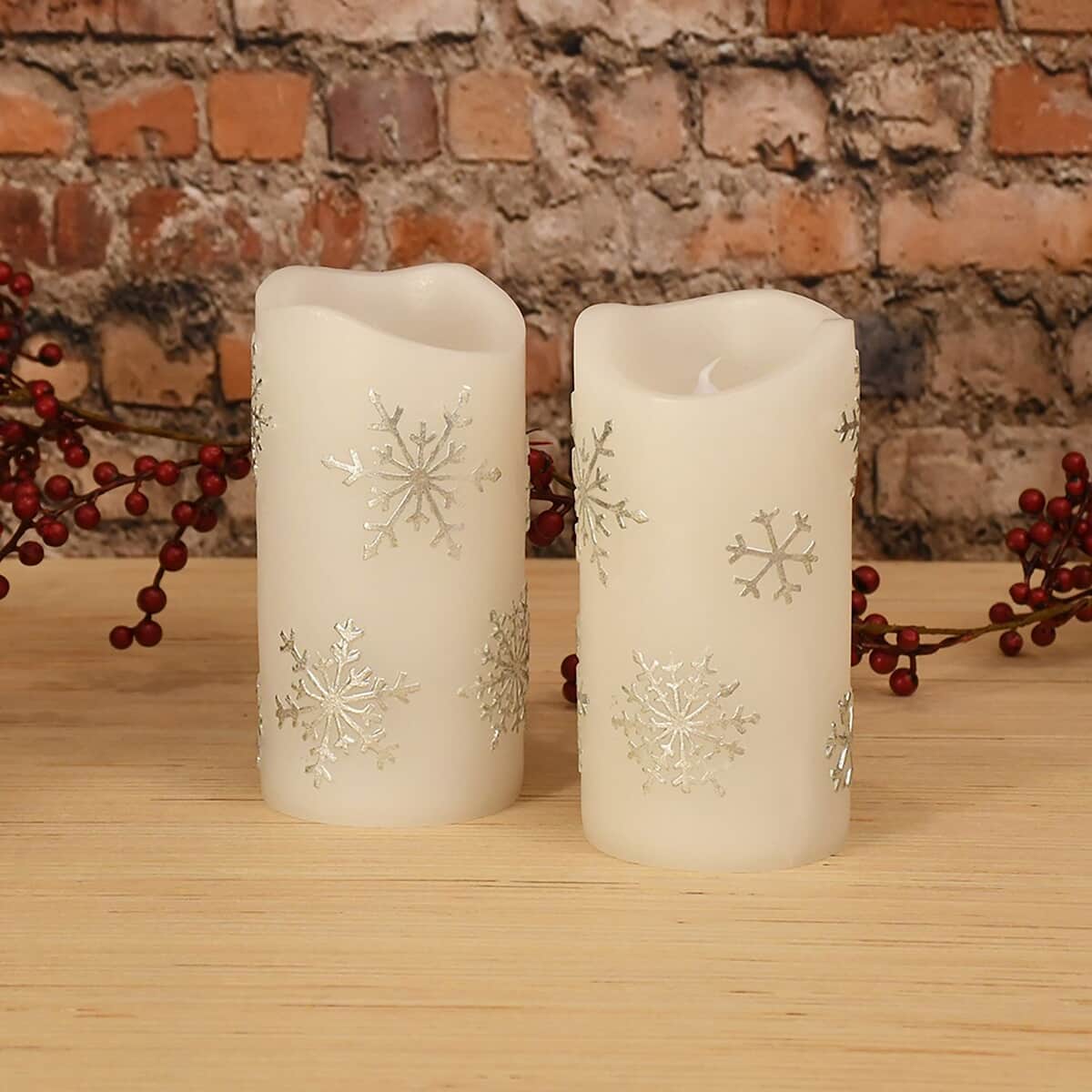 Lumabase Set of 2 Battery Operated Flameless Wax Candles -Snowflakes image number 2