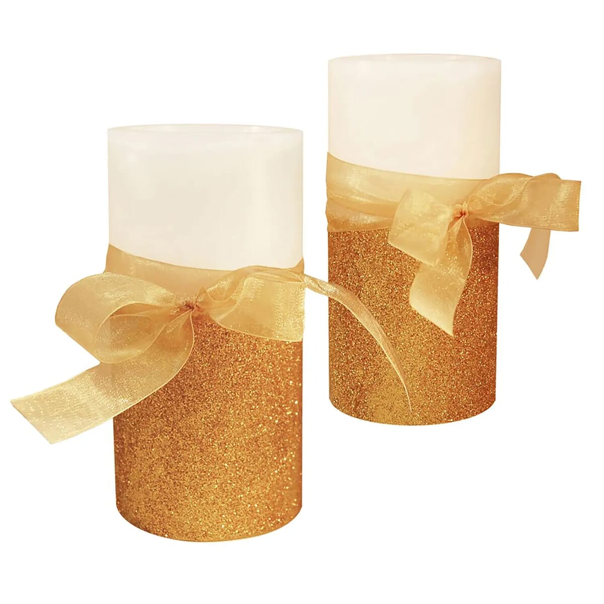 Lumabase Set of 2 Battery Operated Metallic Gold Embedded Flameless Wax Candles Tied with a Gold Ribbon image number 0