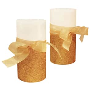 Lumabase Set of 2 Battery Operated Metallic Gold Embedded Flameless Wax Candles Tied with a Gold Ribbon