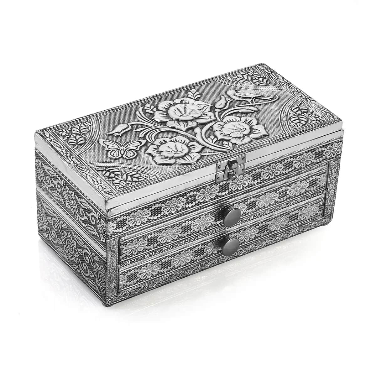 Handcrafted 3D Flower Embossed Oxidized Aluminium 3 Tier Storage Box with Drawer (10"x5"x4") image number 0