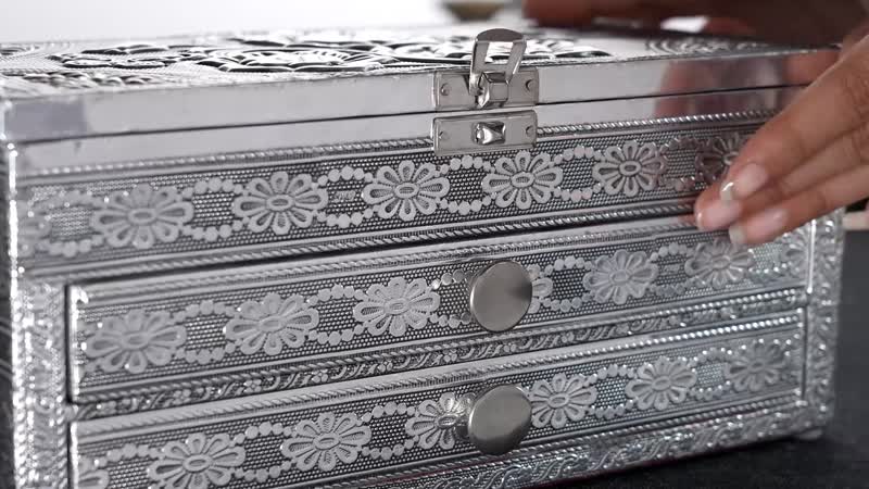 Handcrafted 3D Flower Embossed Oxidized Aluminium 3 Tier Storage Box with Drawer (10"x5"x4")