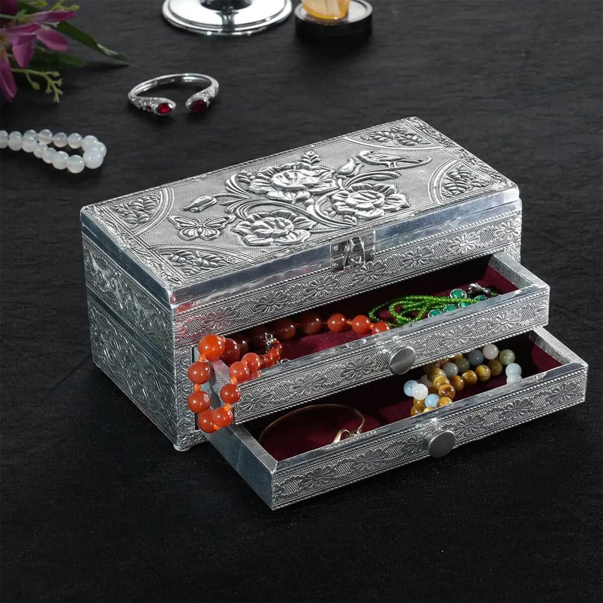 Handcrafted 3D Flower Embossed Oxidized Aluminium 3 Tier Storage Box with Drawer image number 1