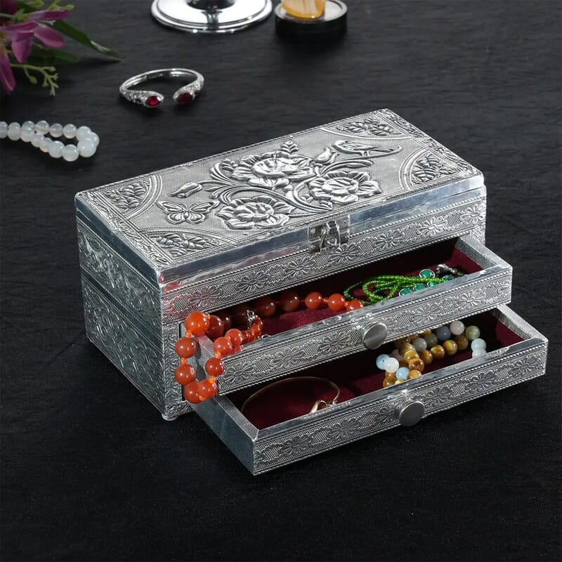 Handcrafted 3D Flower Embossed Oxidized Aluminium 3 Tier Storage Box with Drawer