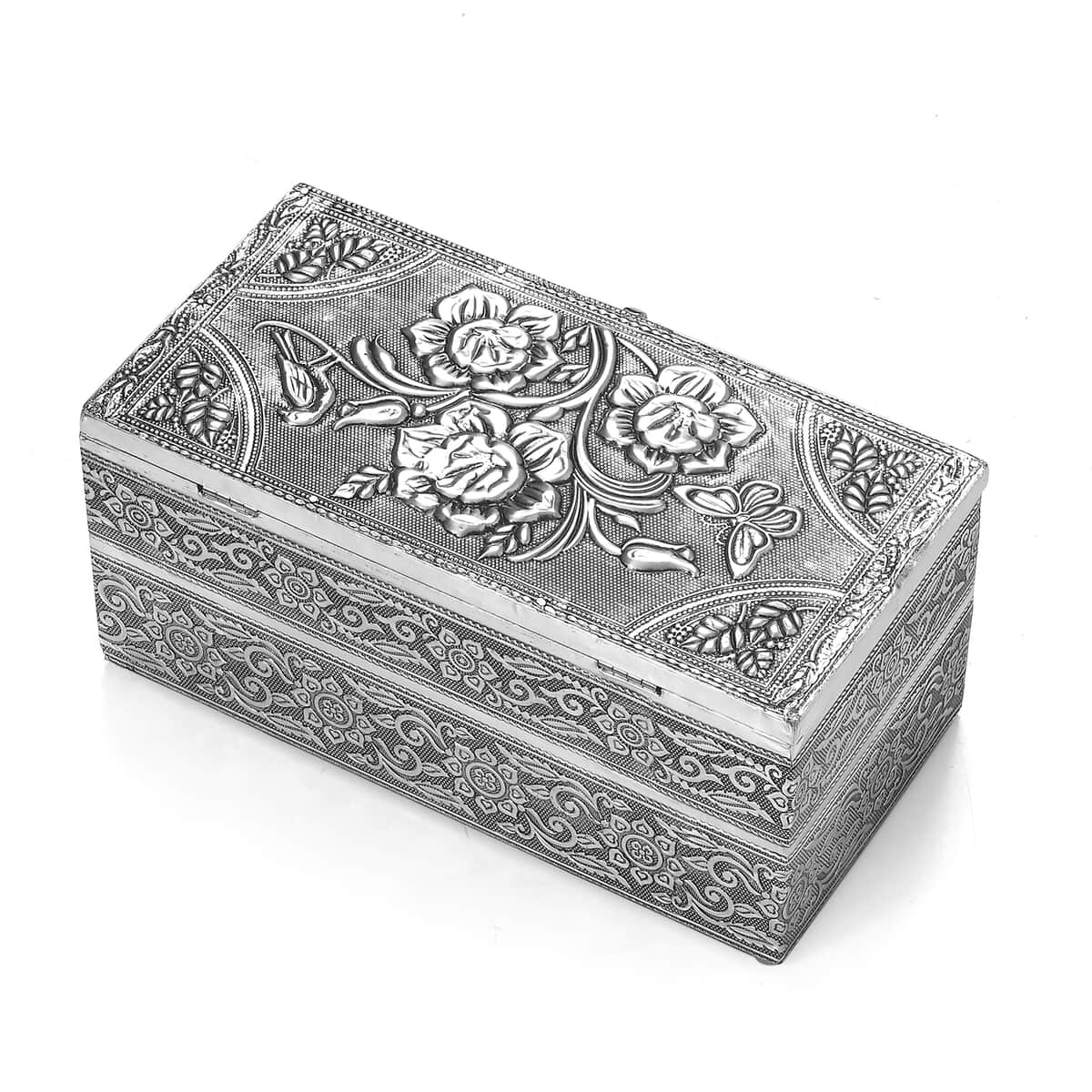 Handcrafted 3D Flower Embossed Oxidized Aluminium 3 Tier Storage Box with Drawer image number 2