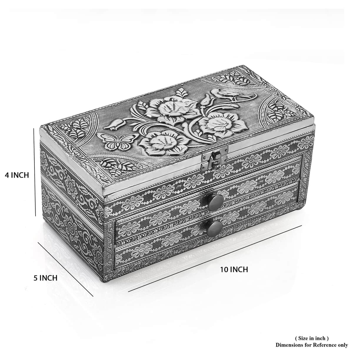 Handcrafted 3D Flower Embossed Oxidized Aluminium 3 Tier Storage Box with Drawer (10"x5"x4") image number 8