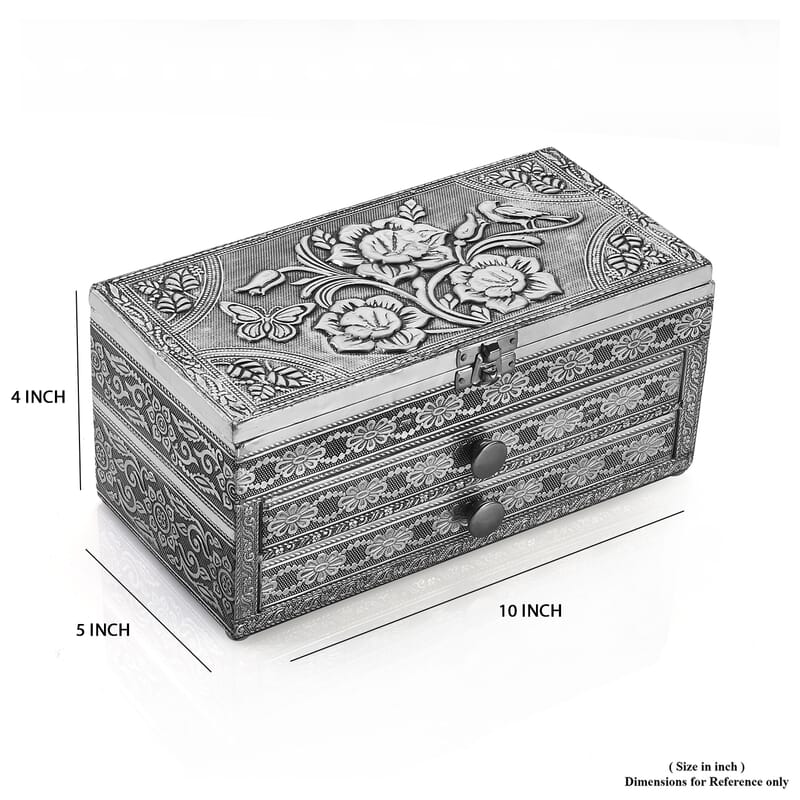 Handcrafted 3D Flower Embossed Oxidized Aluminium 3 Tier Storage Box with Drawer