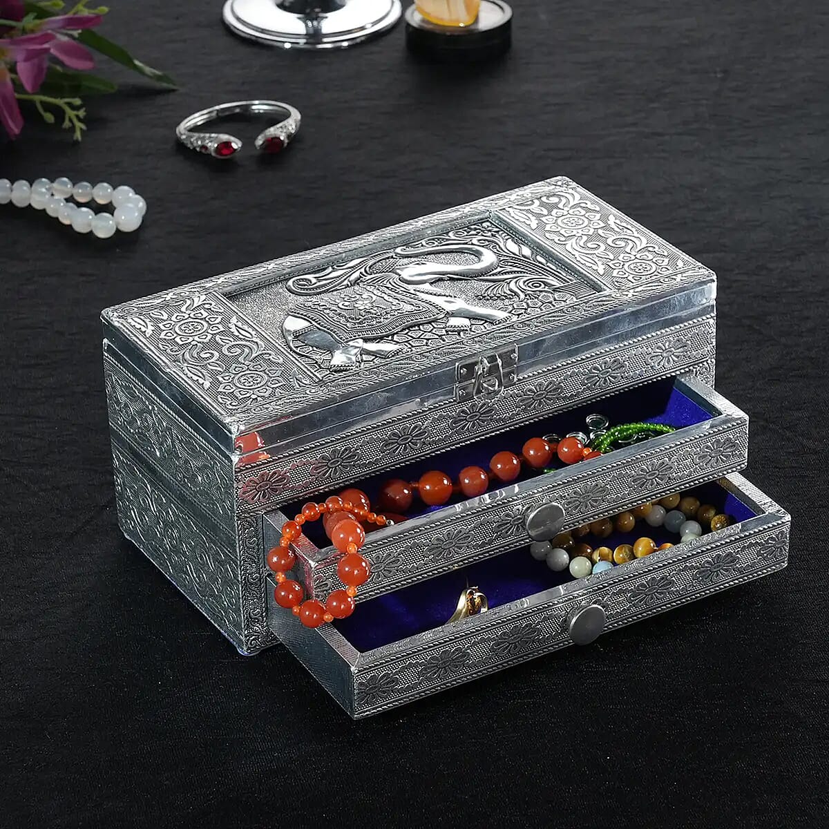 Handcrafted 3D Elephant Embossed Oxidized Aluminium 3 Tier Storage Box with Drawer image number 1