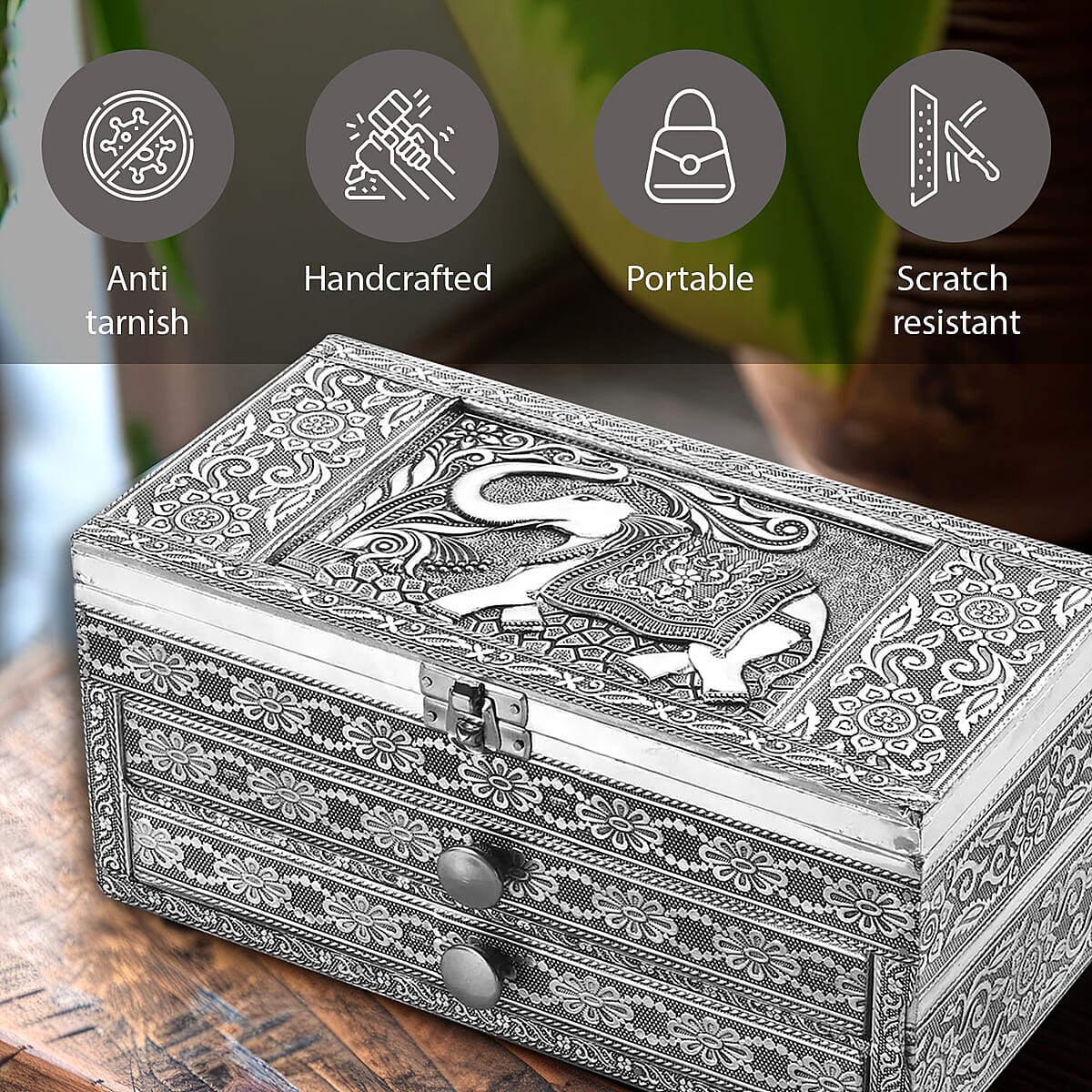 Handcrafted 3D Elephant Embossed Oxidized Aluminium 3 Tier Storage Box with Drawer image number 2