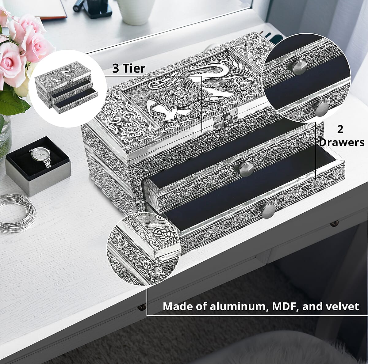 Handcrafted 3D Elephant Embossed Oxidized Aluminium 3 Tier Storage Box with Drawer image number 3