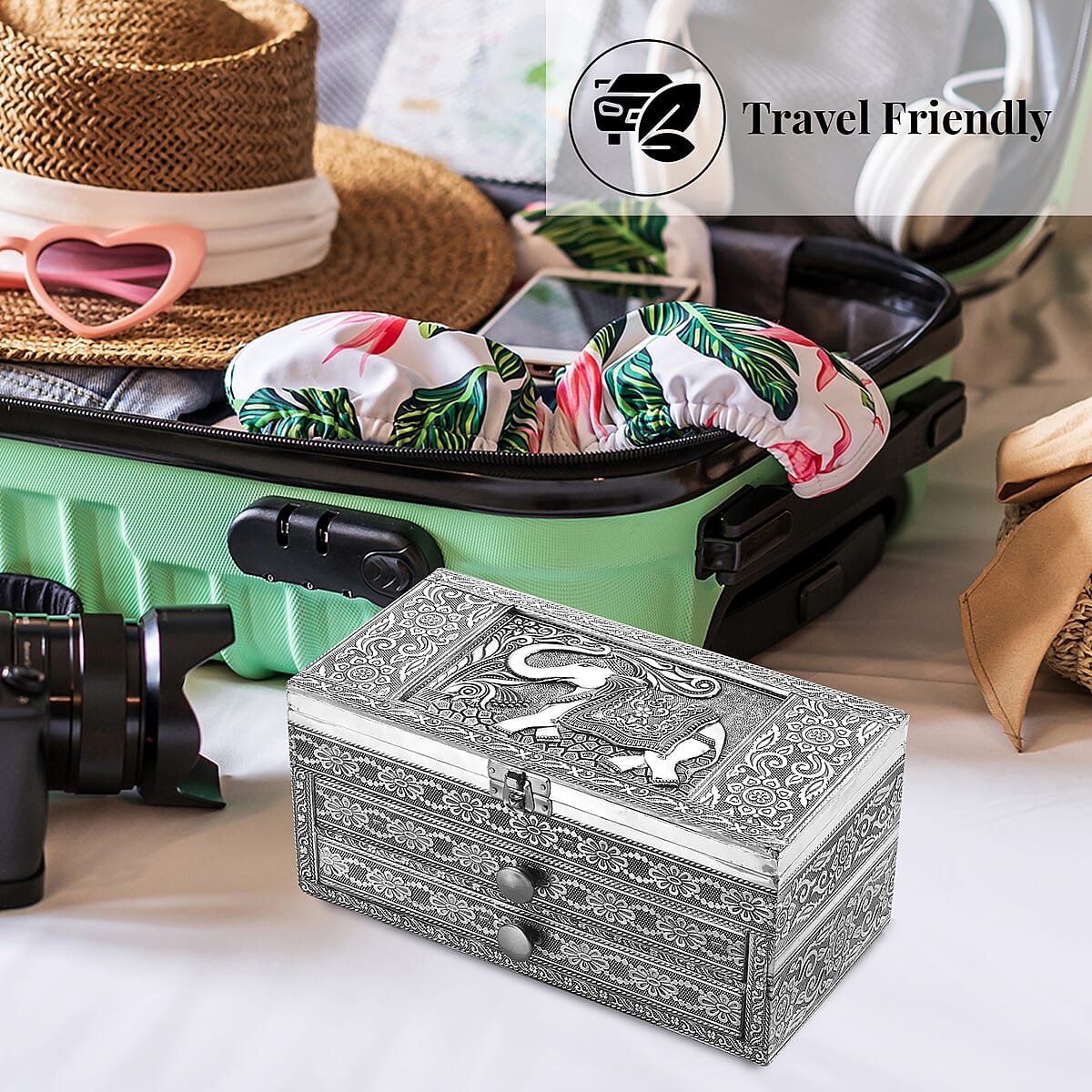 Handcrafted 3D Elephant Embossed Oxidized Aluminium 3 Tier Storage Box with Drawer image number 4