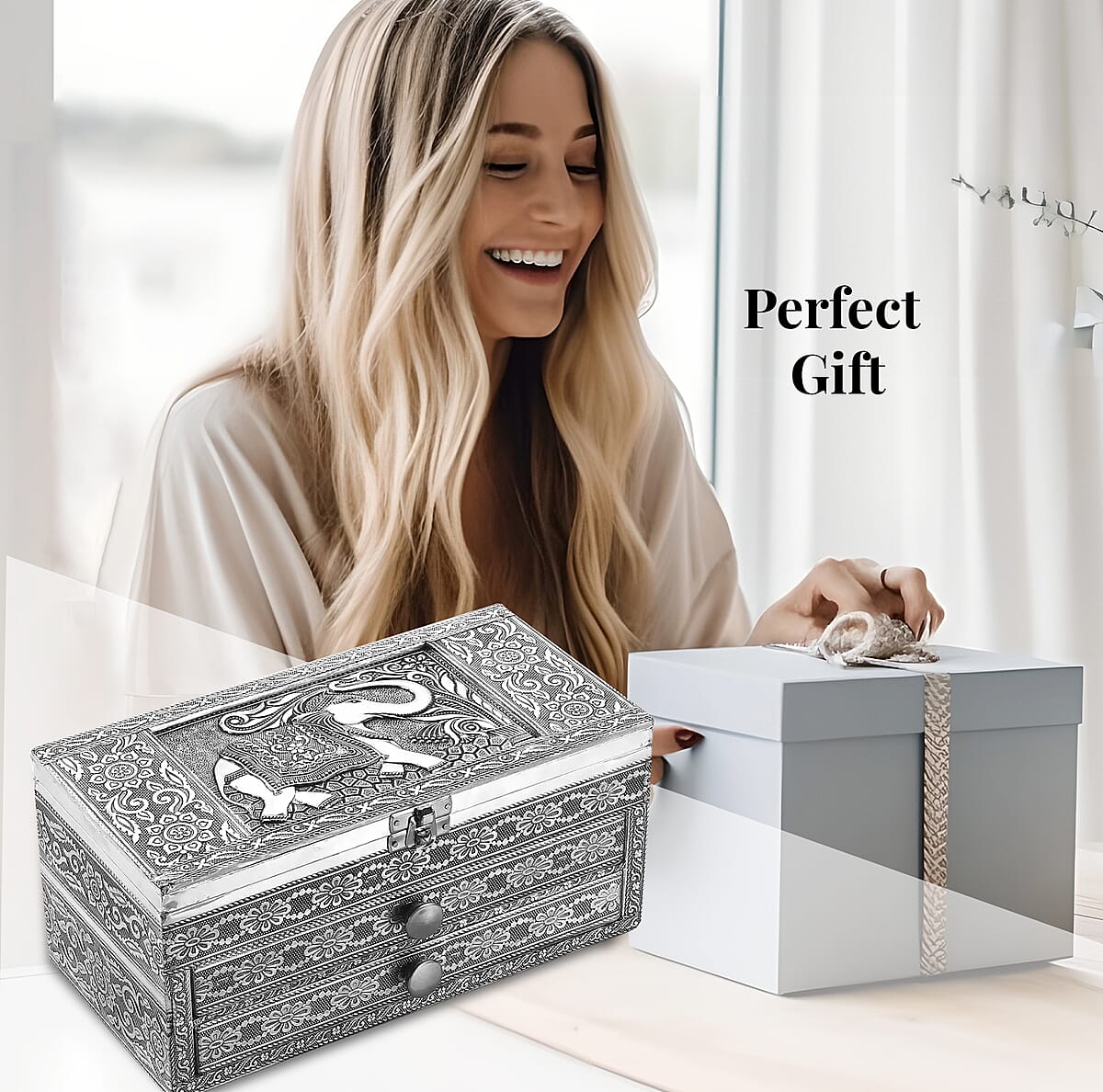 Handcrafted 3D Elephant Embossed Oxidized Aluminium 3 Tier Storage Box with Drawer image number 5