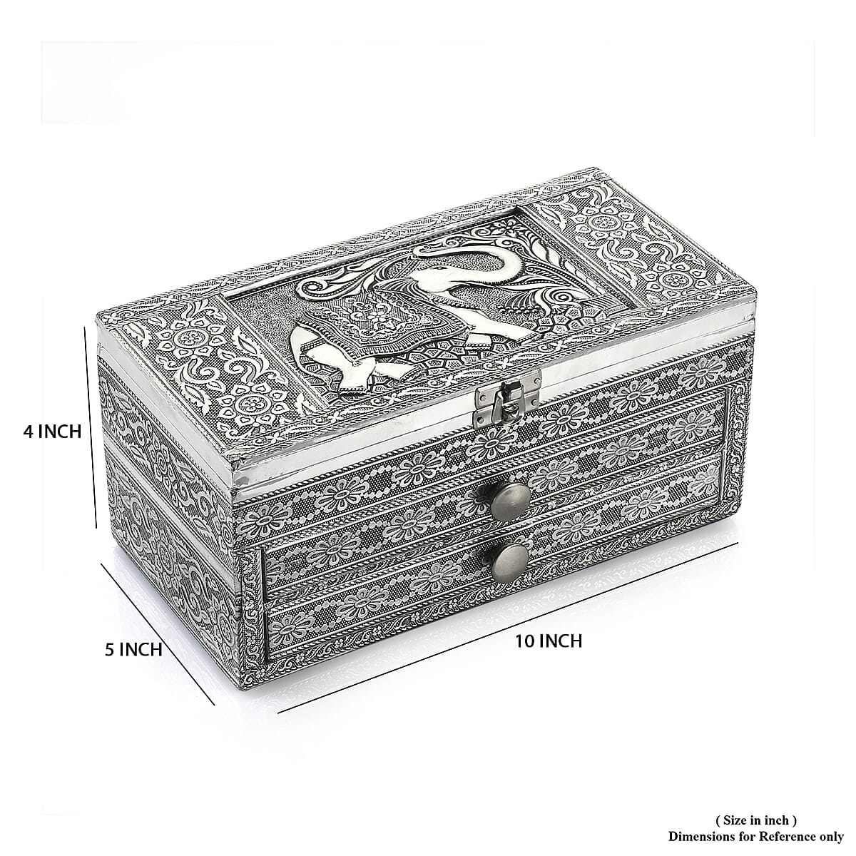 Handcrafted 3D Elephant Embossed Oxidized Aluminium 3 Tier Storage Box with Drawer image number 8