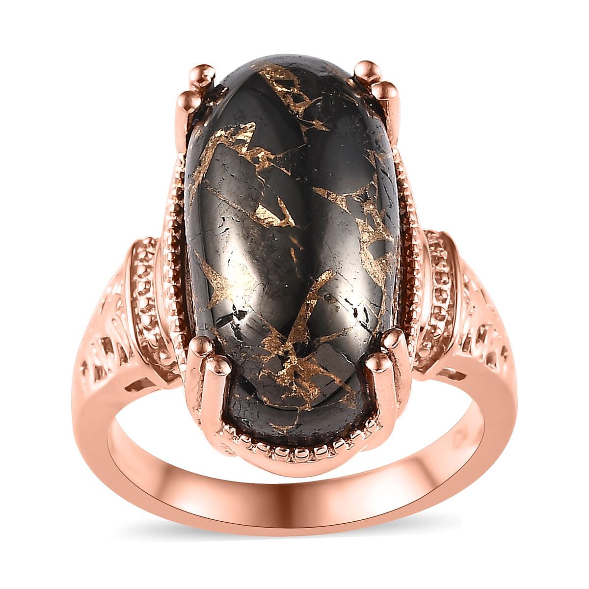 Matrix Silver Shungite Solitaire Ring in 14K Rose Gold Over Copper with Magnet (Size 10.0) 8.50 ctw