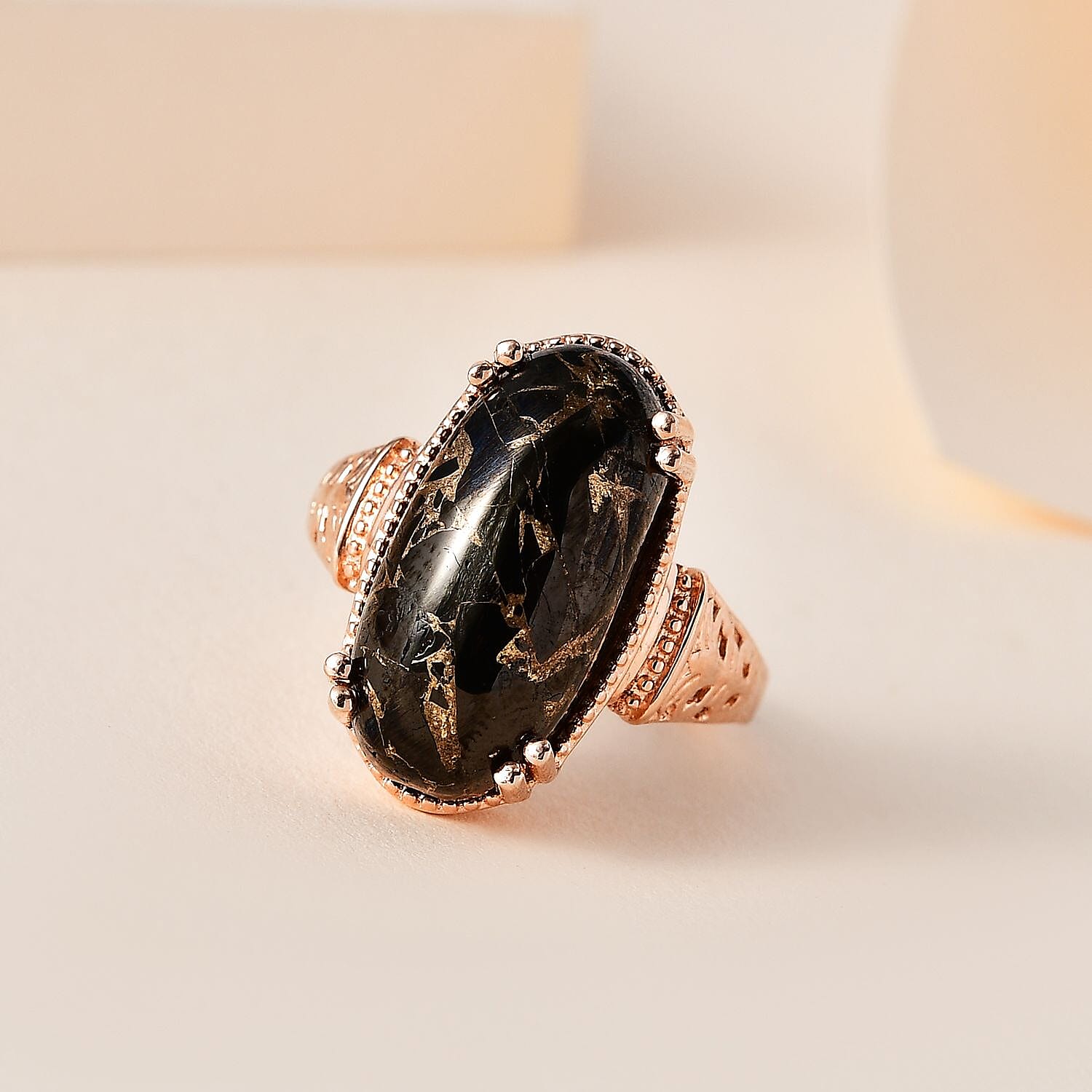 Matrix Silver Shungite Solitaire Ring in 14K Rose Gold Over Copper with Magnet (Size 10.0) 8.50 ctw