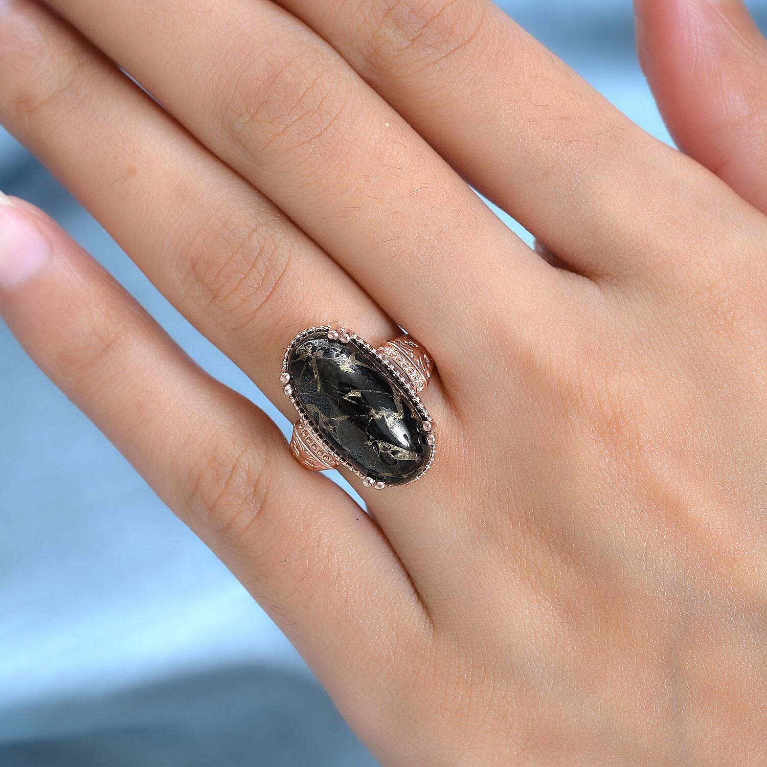 Matrix Silver Shungite Solitaire Ring in 14K Rose Gold Over Copper with Magnet (Size 10.0) 8.50 ctw