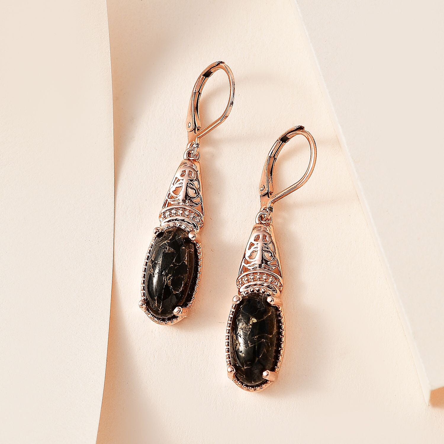 Matrix Silver Shungite Lever Back Earrings in 14K Rose Gold Over Copper with Magnet 6.40 ctw