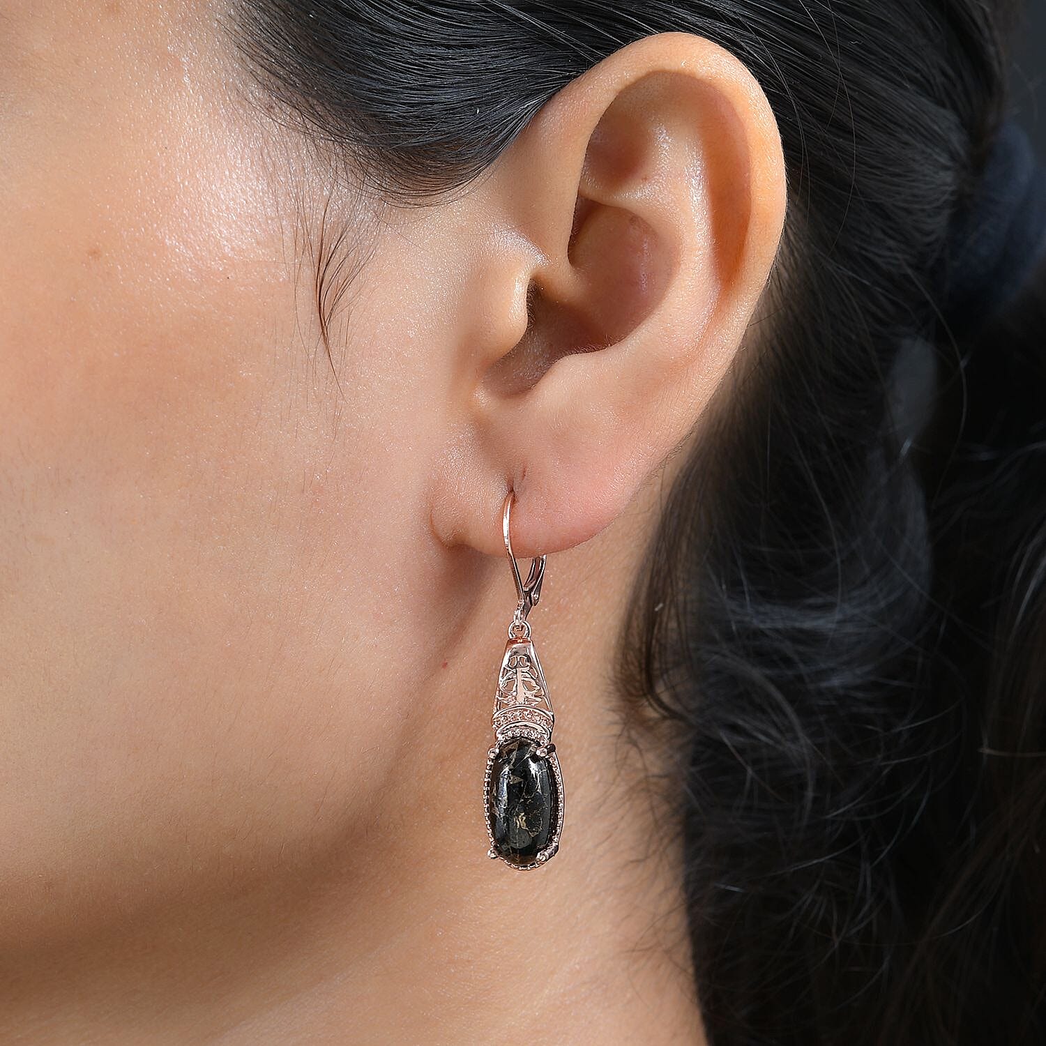 Matrix Silver Shungite Lever Back Earrings in 14K Rose Gold Over Copper with Magnet 6.40 ctw