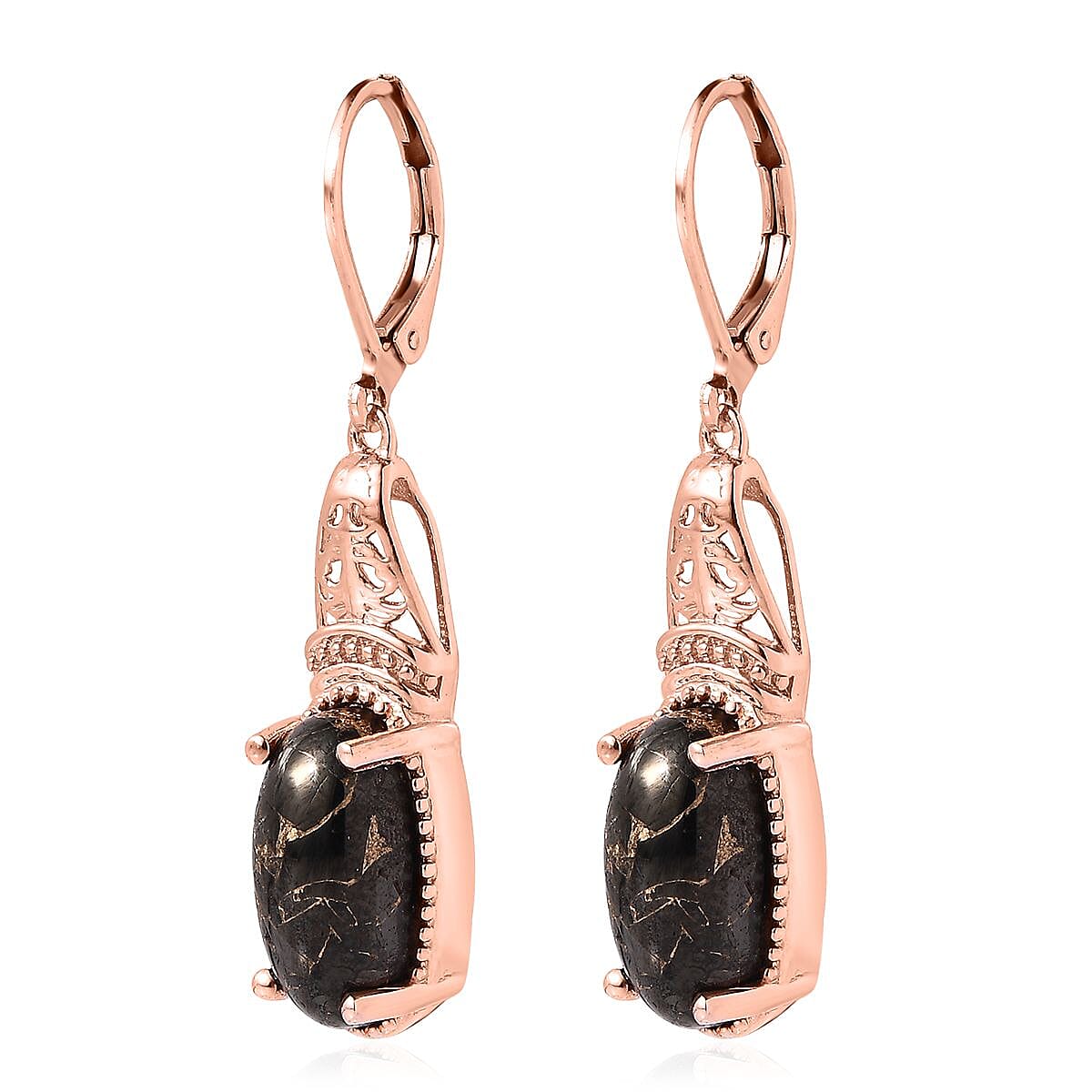 Matrix Silver Shungite Lever Back Earrings in 14K Rose Gold Over Copper with Magnet 6.40 ctw