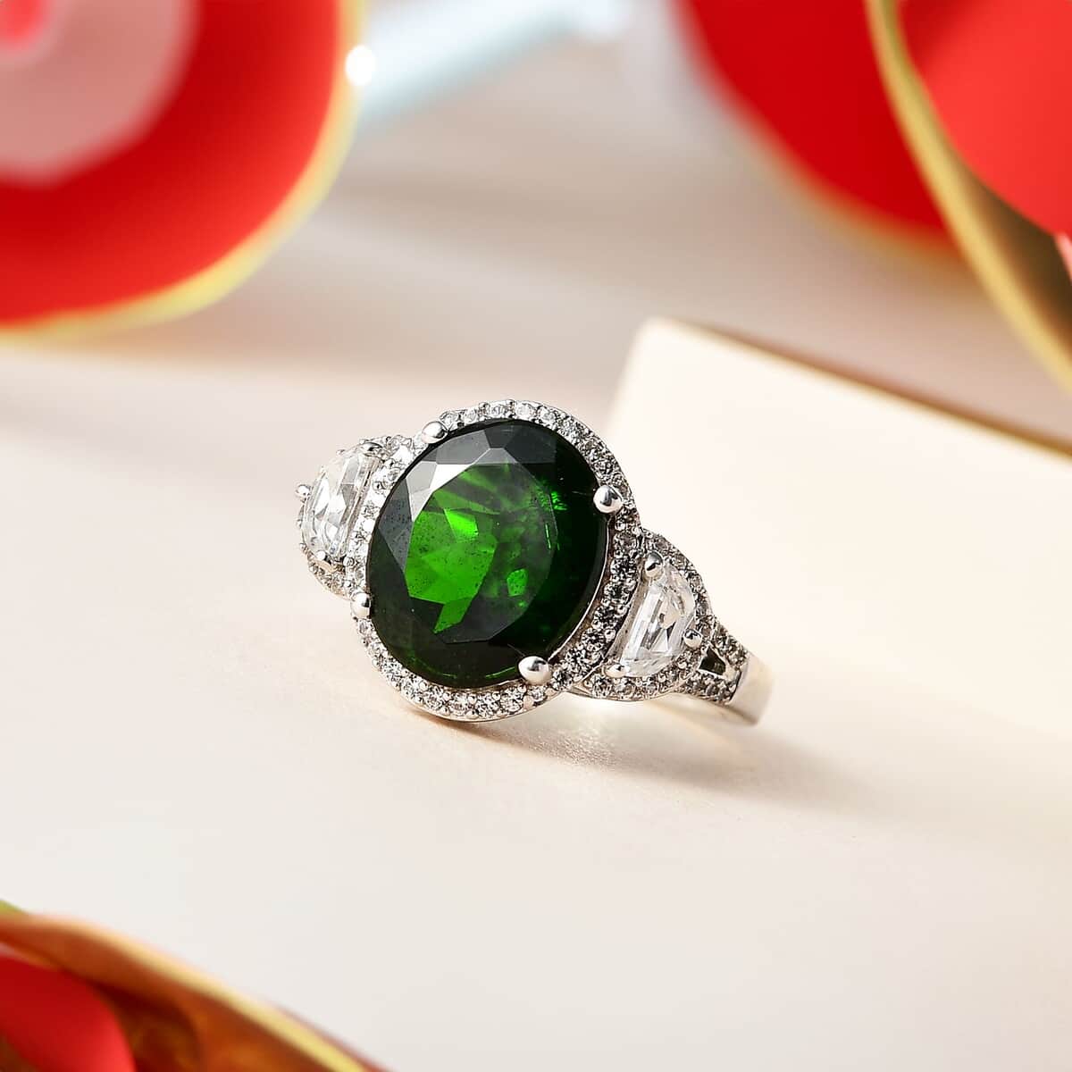 Chrome Diopside and White Zircon Ring in Platinum Over Sterling Silver (Size 10.0) 5.85 ctw image number 1