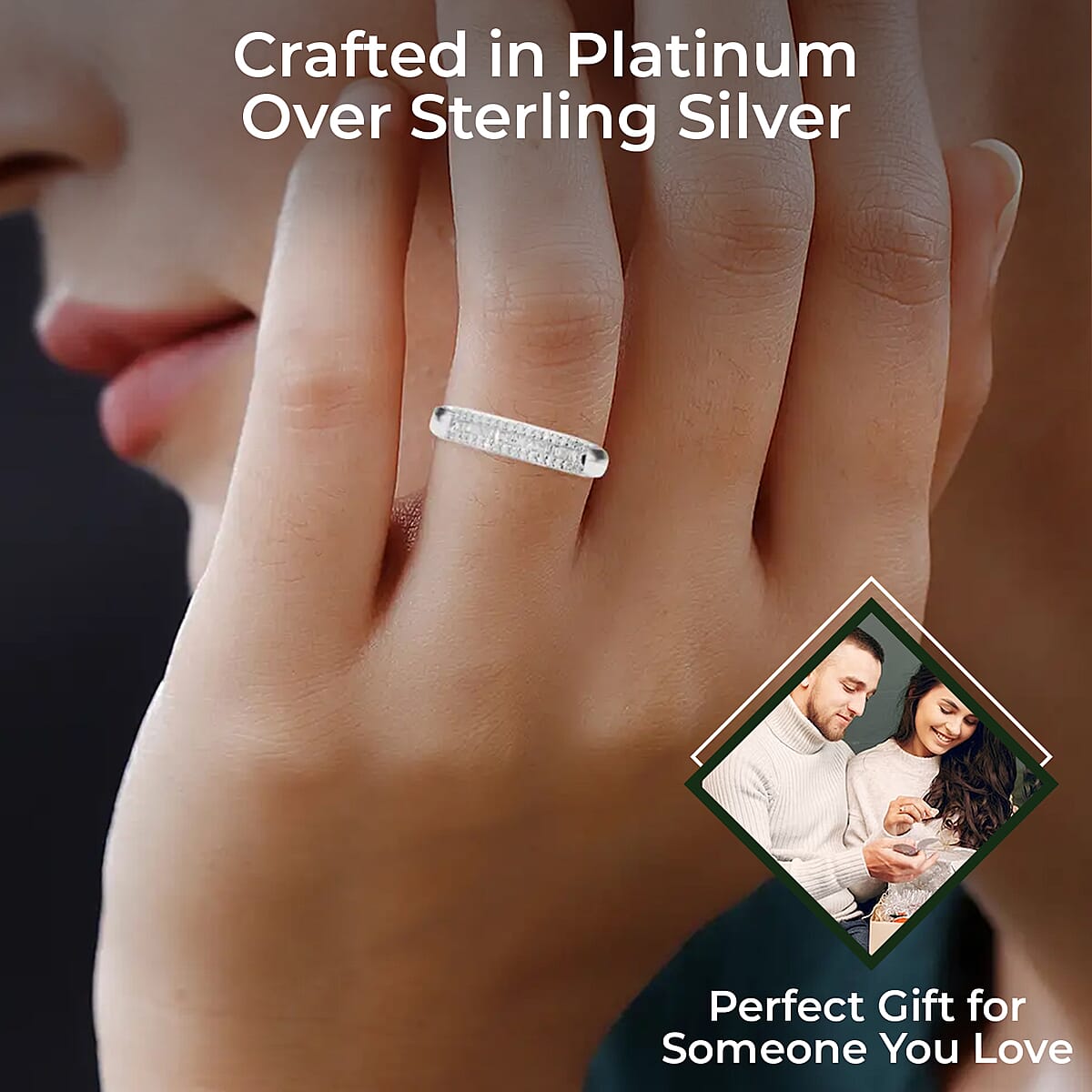 Diamond Ring, Platinum Over Sterling Silver Ring, Three Row Half Eternity Band, Diamond Jewelry, Gifts For Her 0.25 ctw (Size 6) image number 2