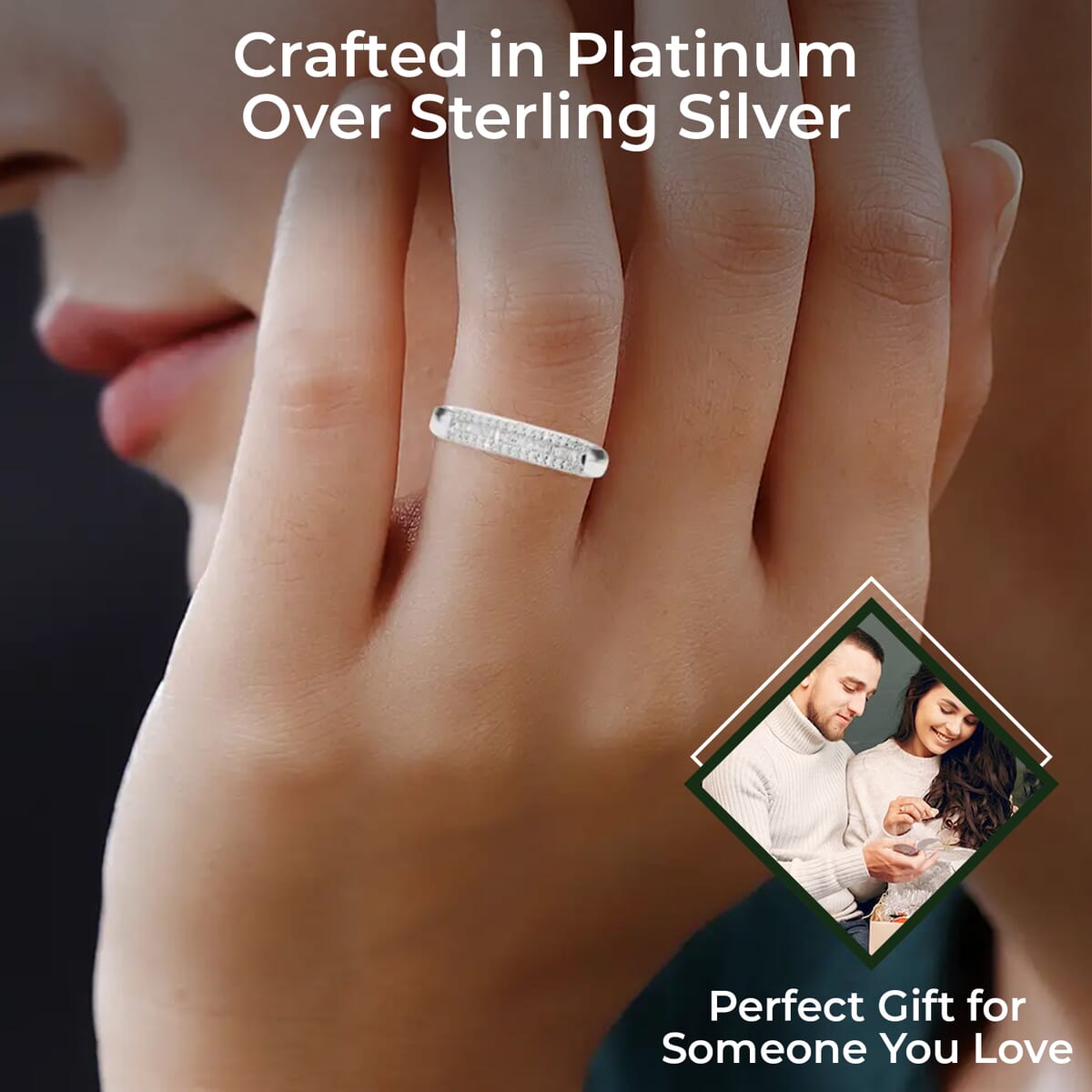 Diamond Ring, Platinum Over Sterling Silver Ring, Three Row Half Eternity Band, Diamond Jewelry, Gifts For Her 0.25 ctw (Size 7) image number 2
