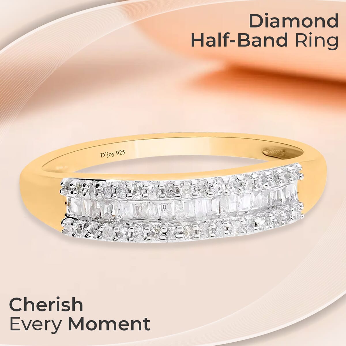 Diamond Ring, Vermeil Yellow Gold Over Sterling Silver Ring, Three Row Half Eternity Band, Diamond Jewelry, Gifts For Her 0.25 ctw (Size 7) image number 1