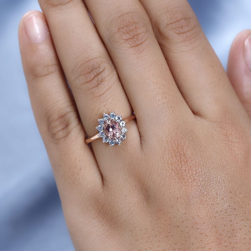 Blush Tourmaline and Santa Maria Aquamarine Sunburst Ring in Vermeil Rose Gold Over Sterling Silver (Size 10.0) 1.25 ctw