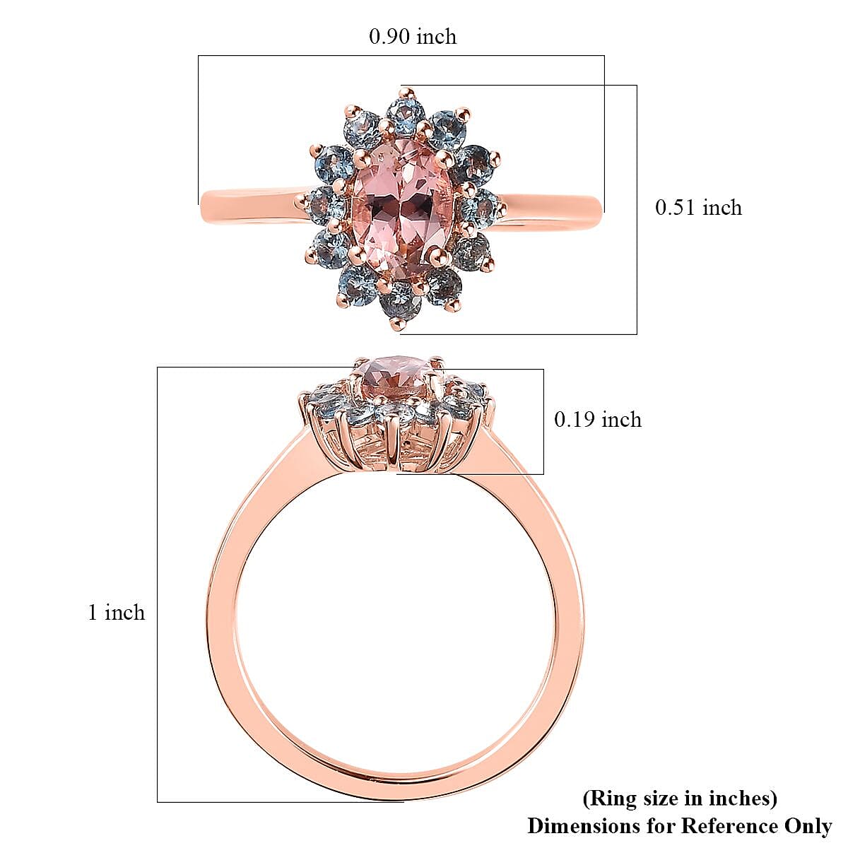 Blush Tourmaline and Santa Maria Aquamarine Sunburst Ring in Vermeil Rose Gold Over Sterling Silver (Size 10.0) 1.25 ctw