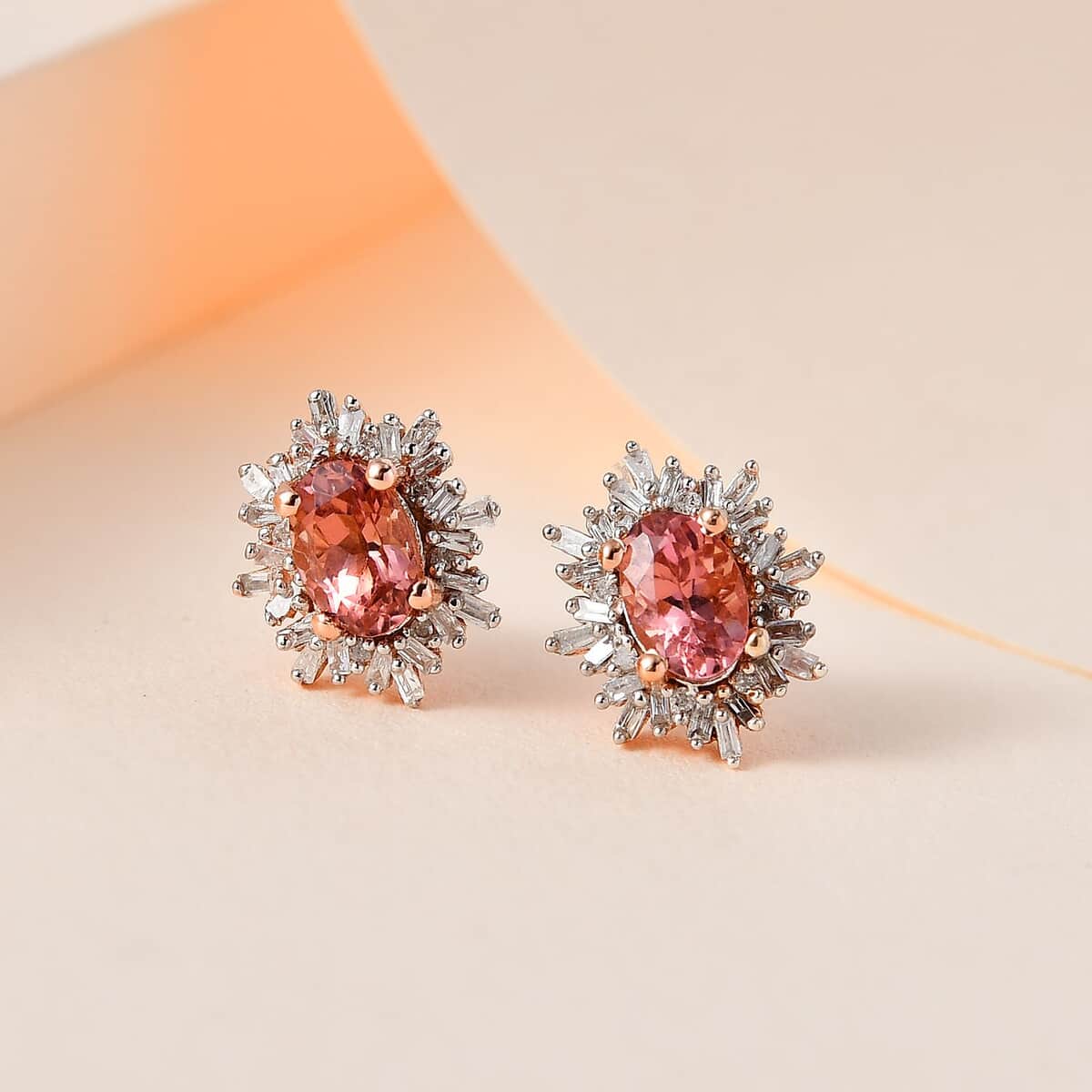 Blush Tourmaline and Diamond Stud Earrings in Vermeil Rose Gold Sterling Silver 1.50 ctw image number 1