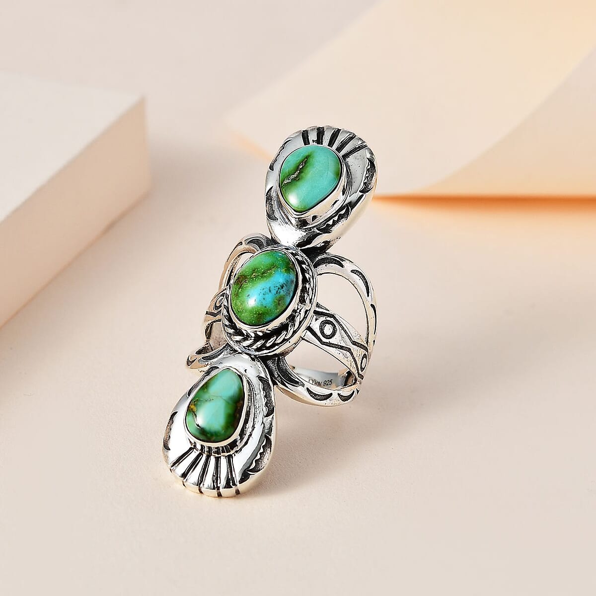 Artisan Crafted Sonoran Gold Turquoise 3 Stone Ring in Sterling Silver (Size 10.0) (Del. in 8-10 Days) 6.30 ctw image number 1