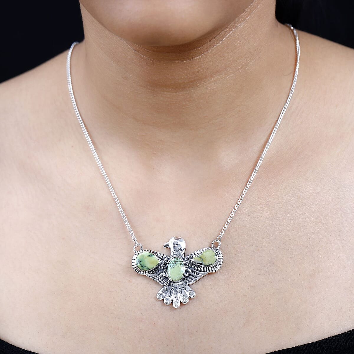 Artisan Crafted Sonoran Gold Turquoise Thunder Bird Necklace 18-20 Inches in Black Oxidized Sterling Silver 5.00 ctw image number 2